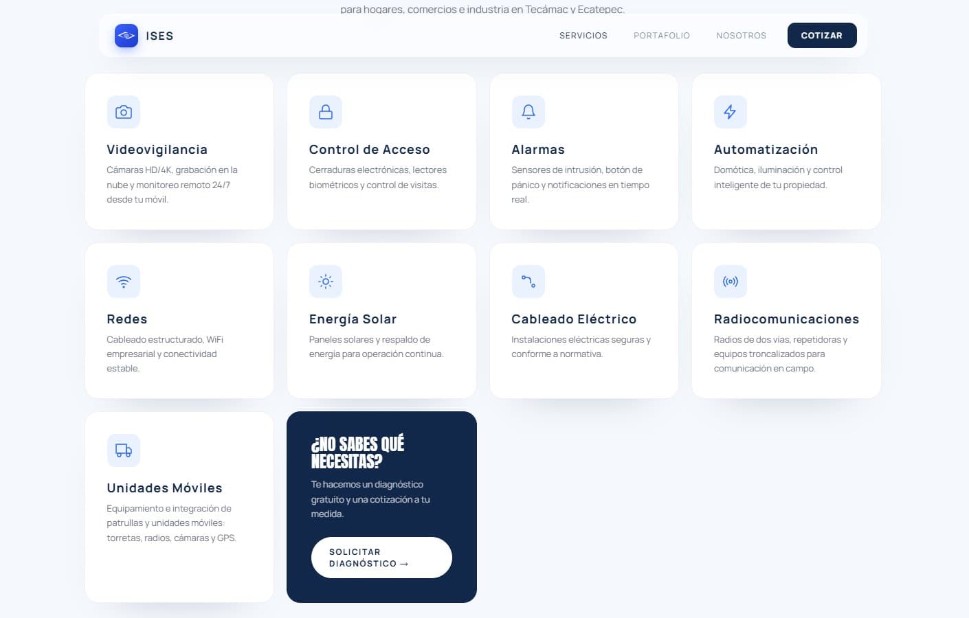 Sección de servicios del sitio web de ISES