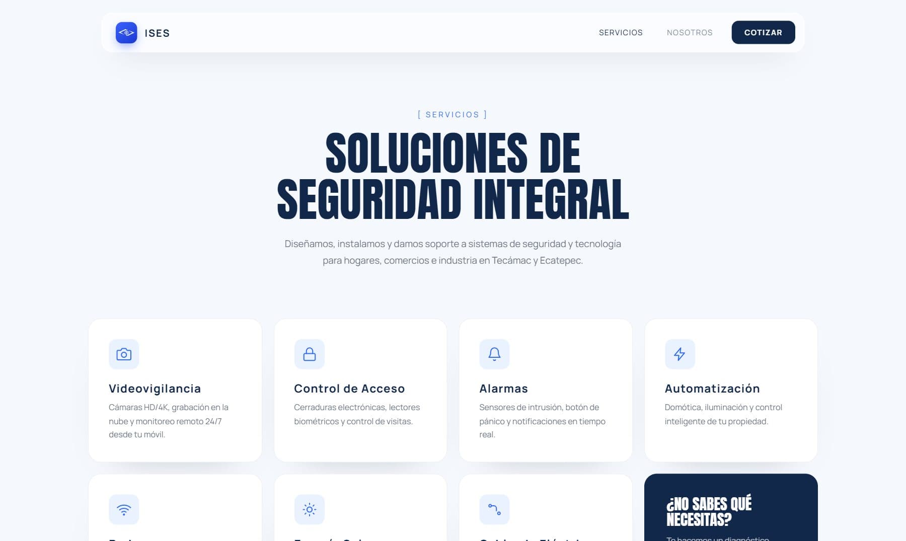 Página de servicios de ISES con tarjetas de videovigilancia, control de acceso, alarmas y automatización